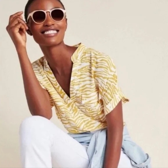 MAEVE ANTHROPOLOGIE Animal Print Button-up Blouse White Yellow Women XS - Picture 3 of 10